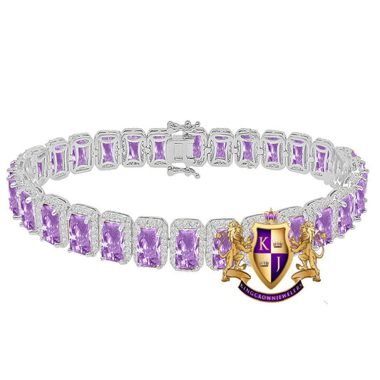 14K White Gold Finish Purple Amethyst Simulated Diamonds Solitaire Mens Ladies Bracelet 10mm / 8.5 Inch