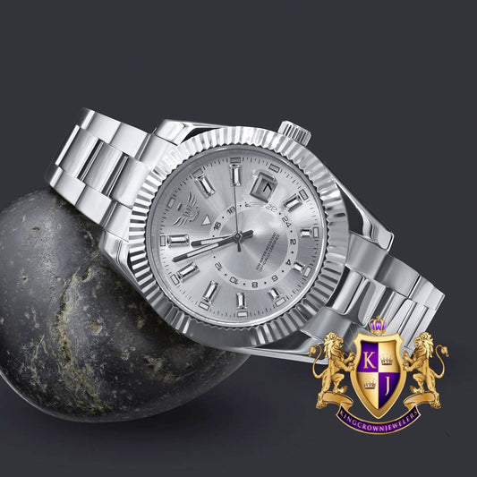 Solid Stainless Steel Fully AUTOMATIC 18K White Gold Tone Simulated Diamond 40mm Men's Luxury Watch W/Date Function