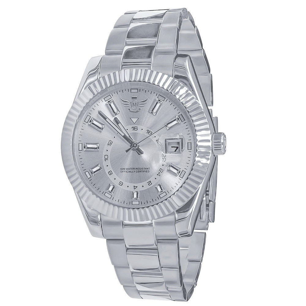 Solid Stainless Steel Fully AUTOMATIC 18K White Gold Tone Simulated Diamond 40mm Men's Luxury Watch W/Date Function