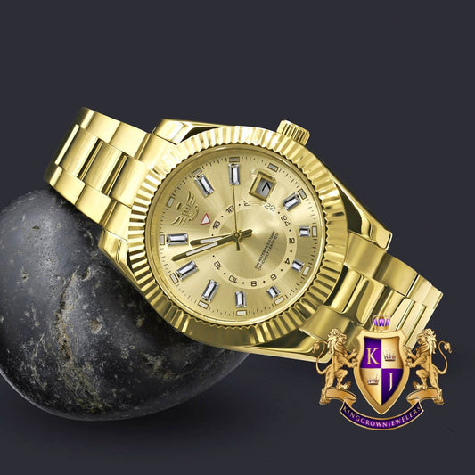 Solid Stainless Steel Fully AUTOMATIC 18K Yellow Gold Finish Simulated Diamond 40mm Men's Luxury Watch W/Date Function