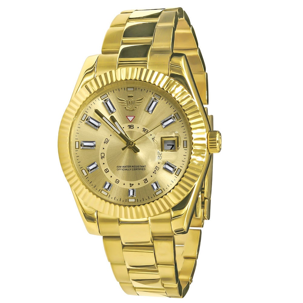 Solid Stainless Steel Fully AUTOMATIC 18K Yellow Gold Finish Simulated Diamond 40mm Men's Luxury Watch W/Date Function