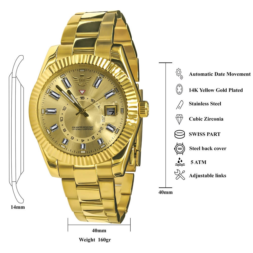 Solid Stainless Steel Fully AUTOMATIC 18K Yellow Gold Finish Simulated Diamond 40mm Men's Luxury Watch W/Date Function