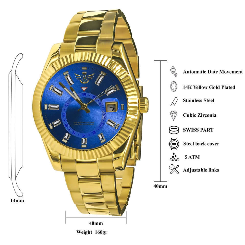 Solid Stainless Steel Blue Sapphire Dial Face Fully AUTOMATIC 18K Yellow Gold Tone Simulated Diamond 40mm Men's Luxury Watch W/Date Function