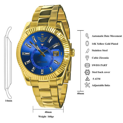 Solid Stainless Steel Blue Sapphire Dial Face Fully AUTOMATIC 18K Yellow Gold Tone Simulated Diamond 40mm Men's Luxury Watch W/Date Function