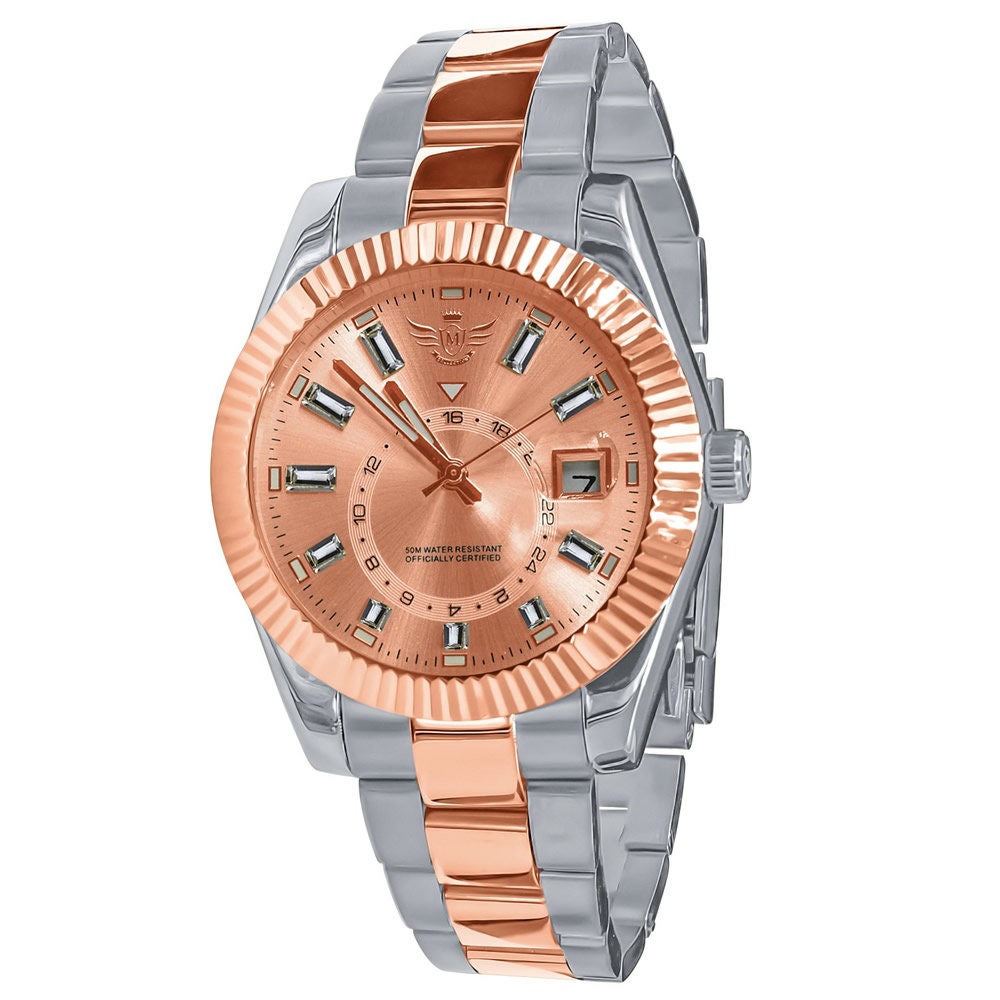 Solid Stainless Steel Full AUTOMATIC 18K 2 Tone Rose Gold Finish Copper Tone Simulated Diamond 40mm Men's Luxury Watch W/Date Function