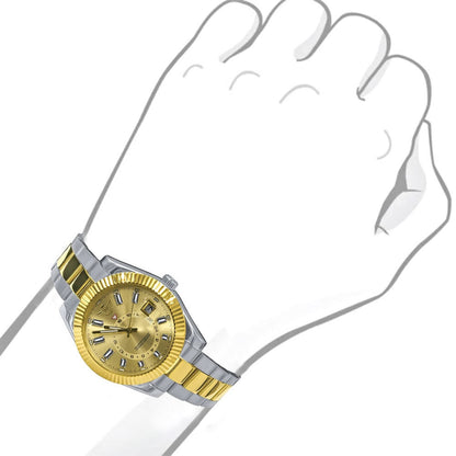 Solid Stainless Steel Fully AUTOMATIC 18K 2 Tone Gold Finish Simulated Diamond 40mm Men's Luxury Watch W/Date Function