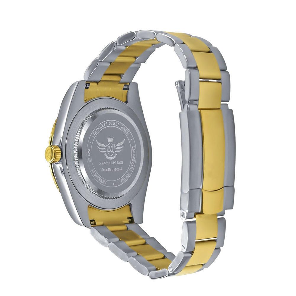 Solid Stainless Steel Fully AUTOMATIC 18K 2 Tone Gold Finish Simulated Diamond 40mm Men's Luxury Watch W/Date Function