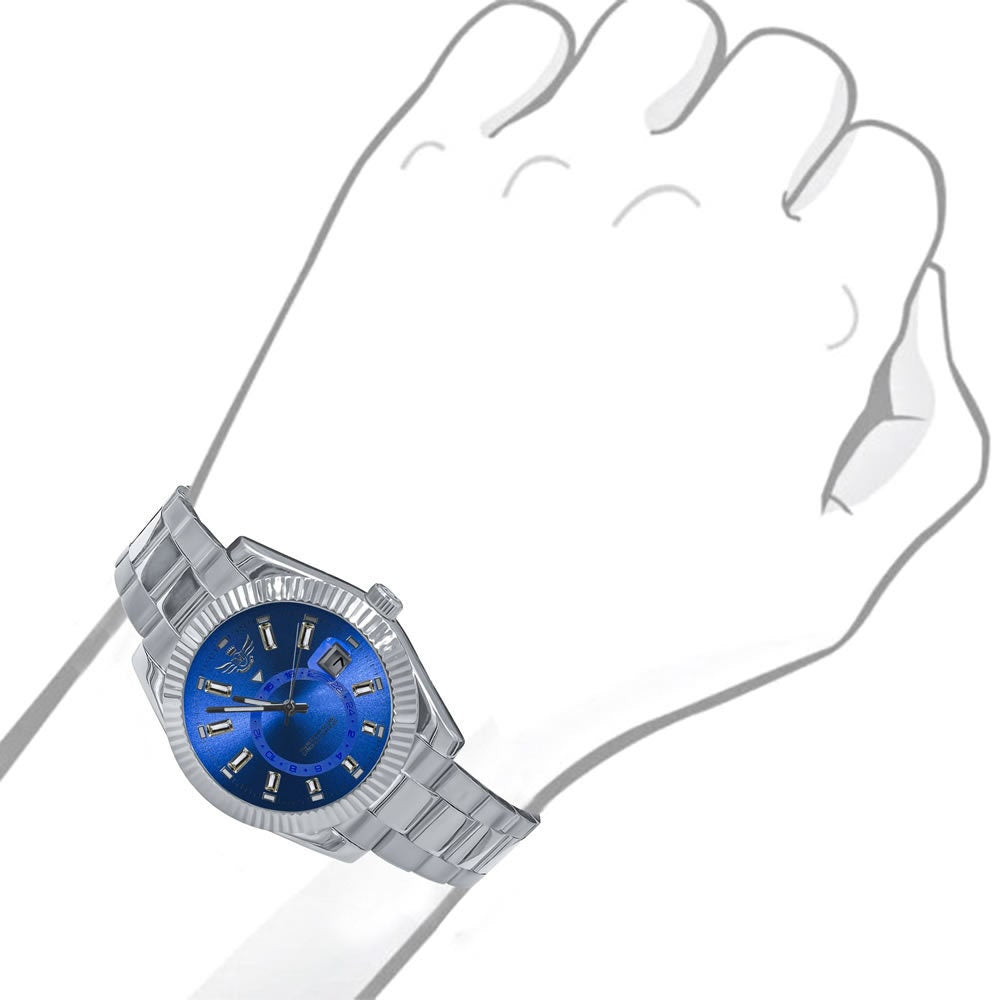 Solid Stainless Steel Blue Sapphire Dial Face Fully AUTOMATIC 18K White Gold Tone Simulated Diamond 40mm Men's Luxury Watch W/Date Function