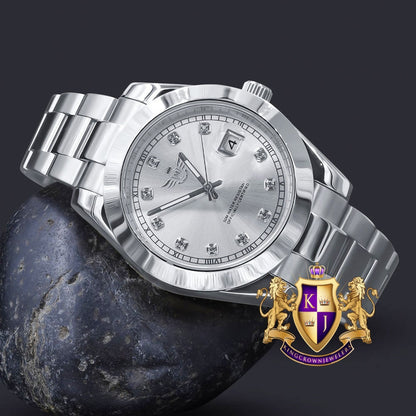 Men's Solid Full Stainless Steel AUTOMATIC 18K White Gold Tone Simulated Diamond 40mm Watch W/Date Function