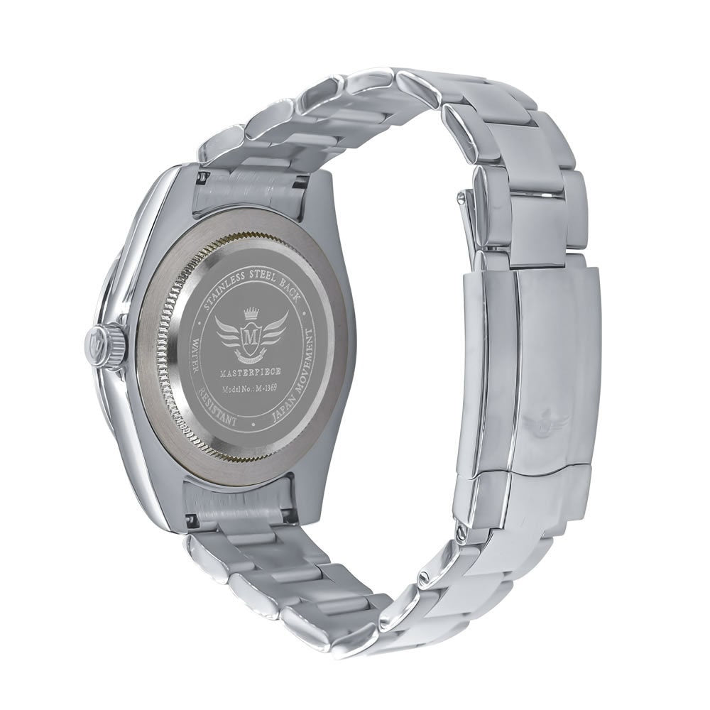 Men's Solid Full Stainless Steel AUTOMATIC 18K White Gold Tone Simulated Diamond 40mm Watch W/Date Function