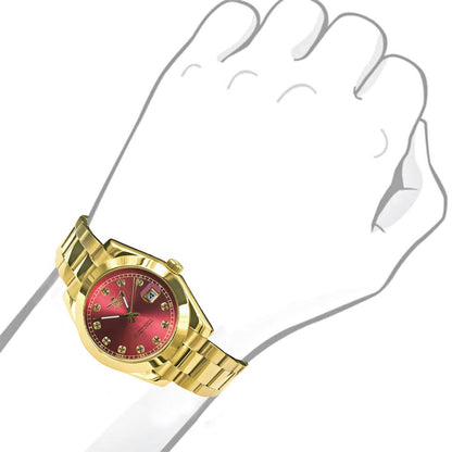 Ruby Red Dial Face Men's Solid Stainless Steel Fully AUTOMATIC 18K Yellow Gold Tone Simulated Diamond 40mm Watch W/Date Function