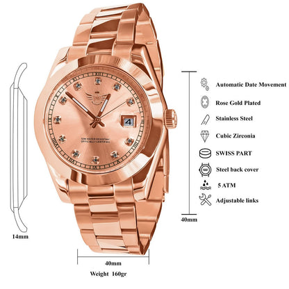 Men's Solid Full Stainless Steel AUTOMATIC 18K Rose Gold Copper Tone Simulated Diamond 40mm Watch W/Date Function