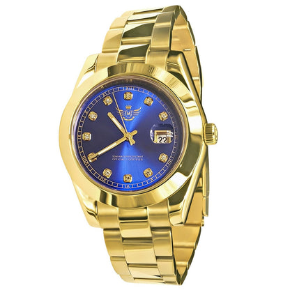 Sapphire Blue Dial Face Men's Solid Full Stainless Steel AUTOMATIC 18K Yellow Gold Tone Simulated Diamond 40mm Watch W/Date Function
