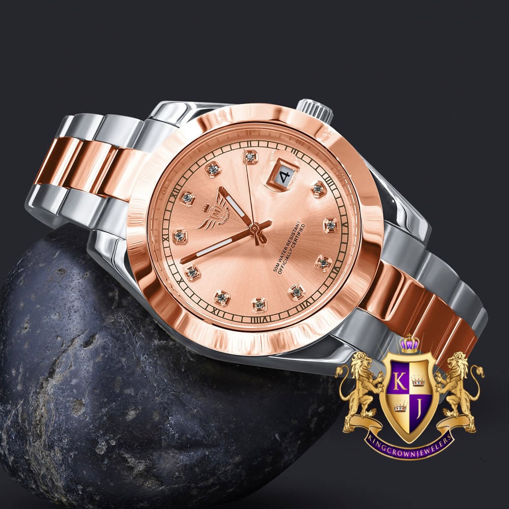 Men's Solid Stainless Steel Fully AUTOMATIC 18K 2 Tone Rose Gold Finish Copper Tone Simulated Diamond 40mm Watch W/Date Function