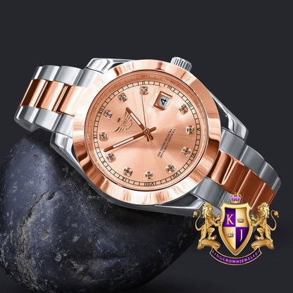 Men's Solid Stainless Steel Fully AUTOMATIC 18K 2 Tone Rose Gold Finish Copper Tone Simulated Diamond 40mm Watch W/Date Function