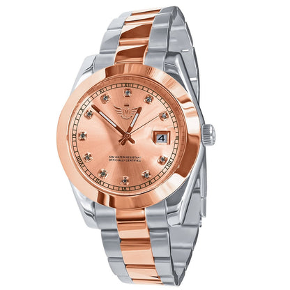 Men's Solid Stainless Steel Fully AUTOMATIC 18K 2 Tone Rose Gold Finish Copper Tone Simulated Diamond 40mm Watch W/Date Function
