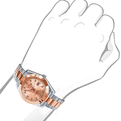 Men's Solid Stainless Steel Fully AUTOMATIC 18K 2 Tone Rose Gold Finish Copper Tone Simulated Diamond 40mm Watch W/Date Function