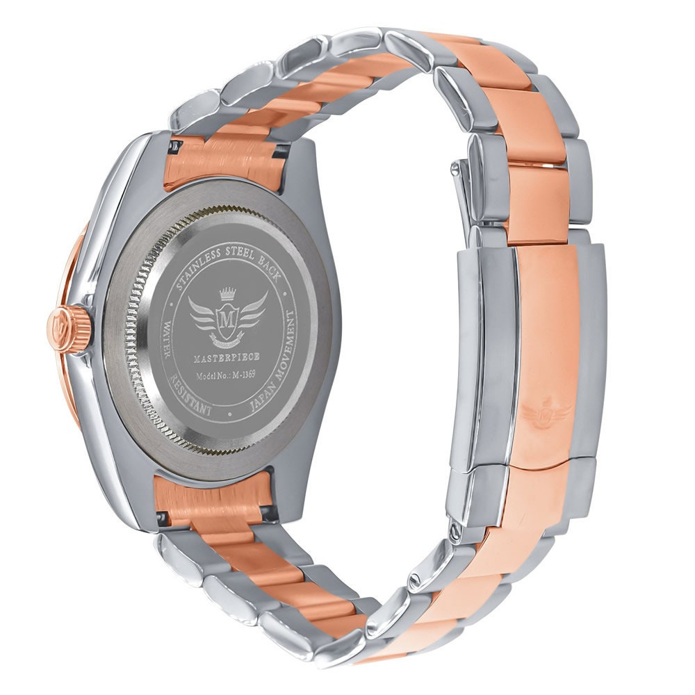 Men's Solid Stainless Steel Fully AUTOMATIC 18K 2 Tone Rose Gold Finish Copper Tone Simulated Diamond 40mm Watch W/Date Function