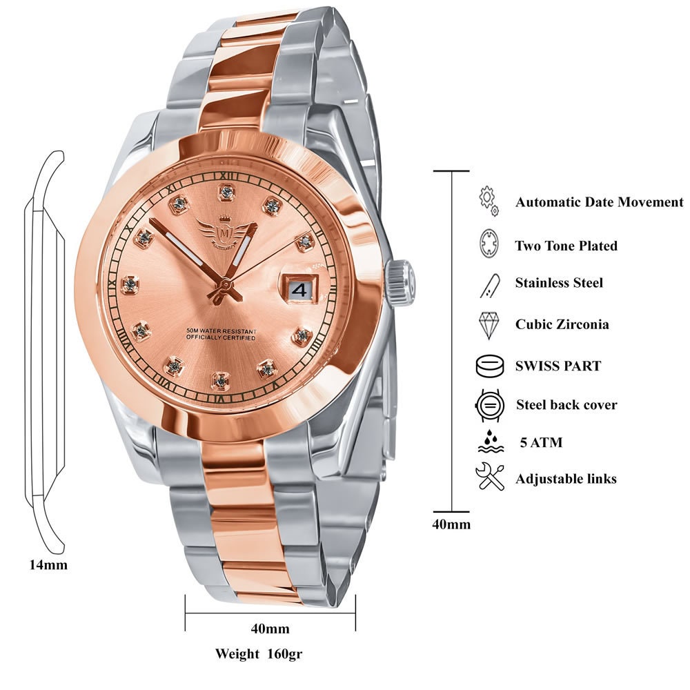 Men's Solid Stainless Steel Fully AUTOMATIC 18K 2 Tone Rose Gold Finish Copper Tone Simulated Diamond 40mm Watch W/Date Function