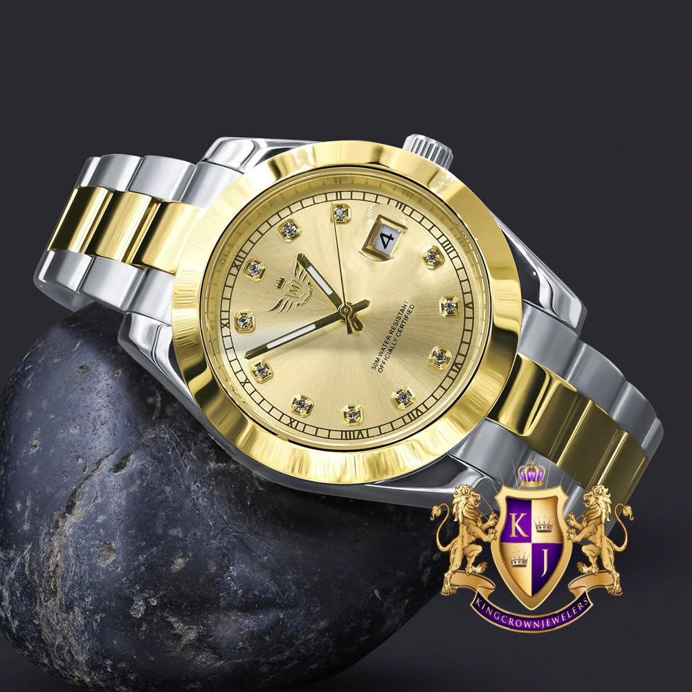 Men's Solid Full Stainless Steel AUTOMATIC 18K 2 Tone Gold Finish Copper Tone Simulated Diamond 40mm Watch W/Date Function