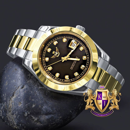 Coffee Brown Dial Face Men's Solid Full Stainless Steel AUTOMATIC 18K 2 Tone Gold Finish Simulated Diamond 40mm Watch W/Date Function