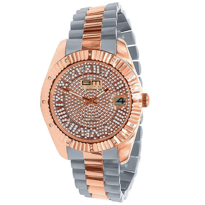 Roman Numeral Face Solid Stainless Steel Genuine Diamond Dial 18K 2 Tone Rose Gold Finish Copper Tone 42mm Men's Watch W/Date Function