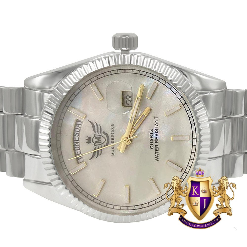 Men's MOP Dial Face 14K White Gold Tone Day/Date Function Solid Steel Back Water Resistance Metal Band Watch
