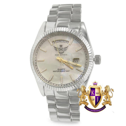 Men's MOP Dial Face 14K White Gold Tone Day/Date Function Solid Steel Back Water Resistance Metal Band Watch