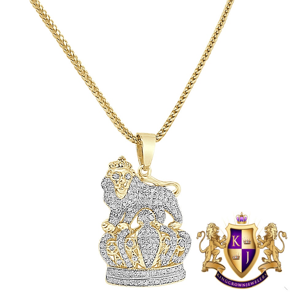 Real Genuine Authentic Diamond 0.52 Cwt. Lion King Crown Unisex Pendant 10K Solid Gold Finish Charm Chain Neckless Set Mini Small 1.10''