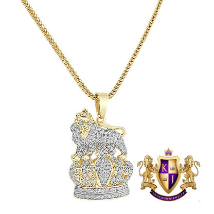 Real Genuine Authentic Diamond 0.52 Cwt. Lion King Crown Unisex Pendant 10K Solid Gold Finish Charm Chain Neckless Set Mini Small 1.10''