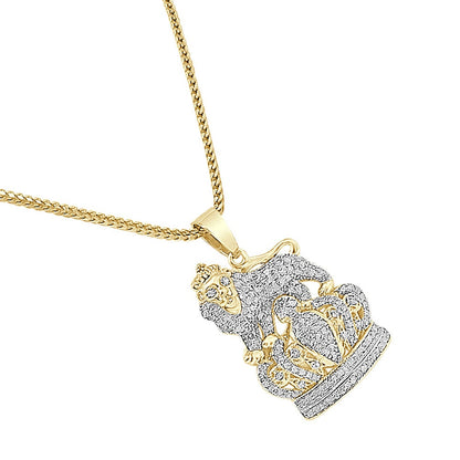 Real Genuine Authentic Diamond 0.52 Cwt. Lion King Crown Unisex Pendant 10K Solid Gold Finish Charm Chain Neckless Set Mini Small 1.10''