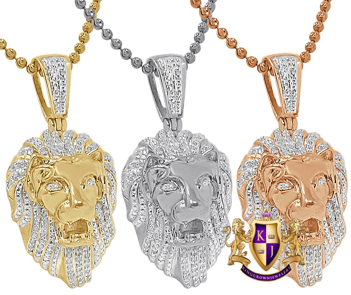 Men's Real Genuine Authentic  Diamond 0.40 Cwt. 15+ Grams Lion King Head Face Charm 10K Gold Over Pendent Chain Neckless Set Small 1.50''