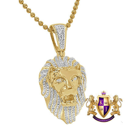 Men's Real Genuine Authentic  Diamond 0.40 Cwt. 15+ Grams Lion King Head Face Charm 10K Gold Over Pendent Chain Neckless Set Small 1.50''