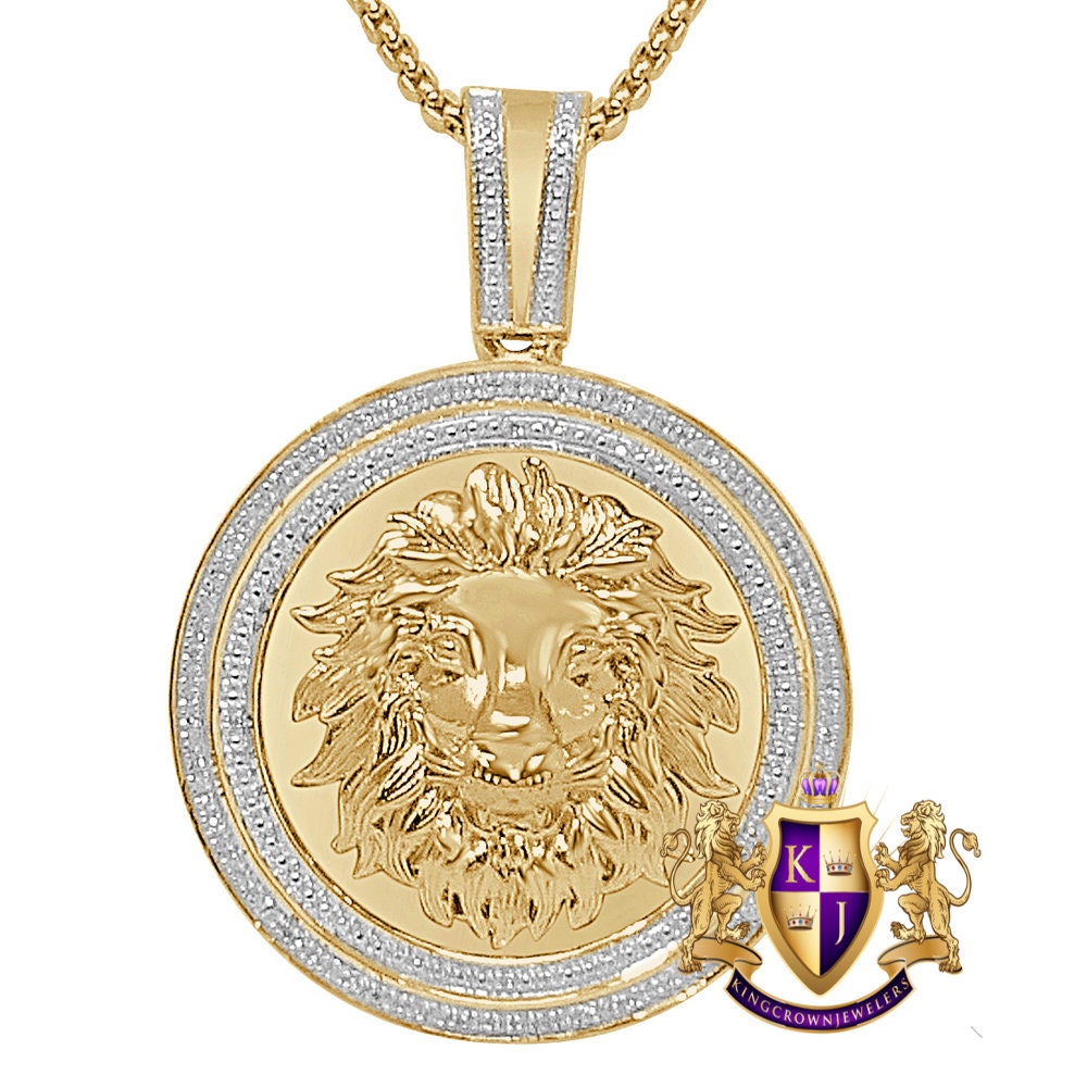 26 + Grams Men's Real Genuine Diamond 0.40 Cwt. Lion Head Pendent 10K Gold Finish Round Charm Medallion 2.25''
