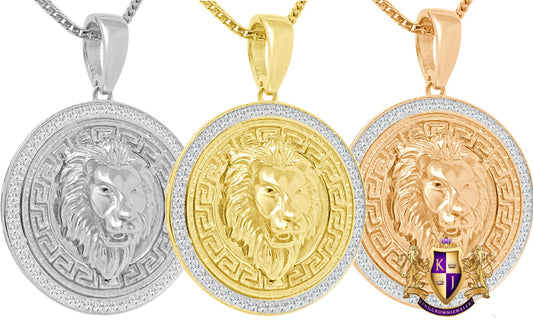 Real Genuine Sterling Silver 1.00 Cwt. Simulated Diamond Greek Key Jungle King Lion Head Men's Pendant Medallion Charm Chain Neckless Set