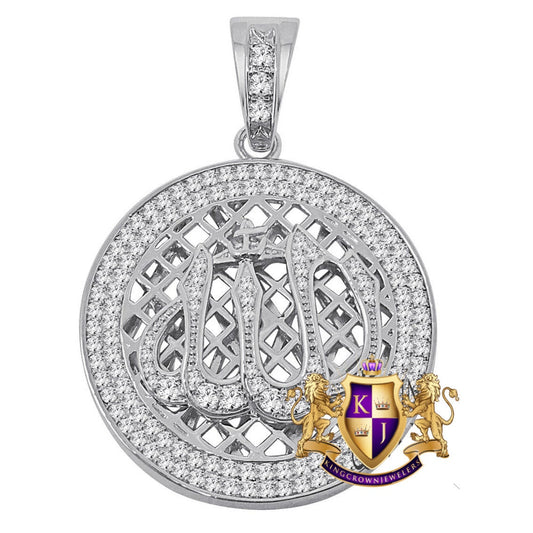 Real Genuine Sterling Silver 10K White Gold Finish Lab Diamonds Allah Islamic Pendent Charm Medallion 2.5''