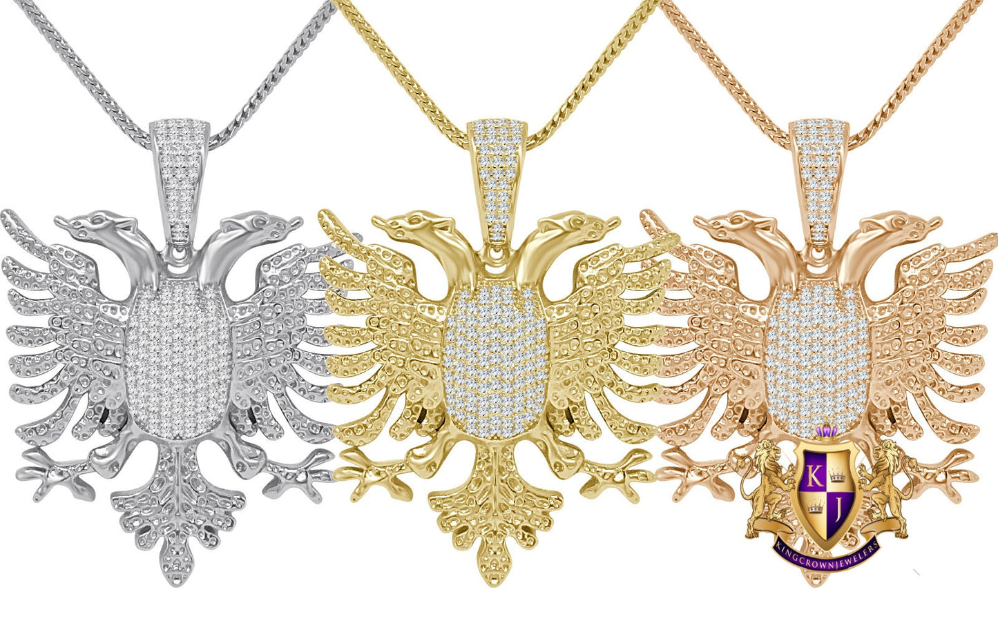 Real Genuine Sterling Silver 28+ Grams Men's 14K Gold Over 2.00 Cwt. Simulated Diamond Albanian Eagle Flying Bird Pendant Charm Chain Set 2"