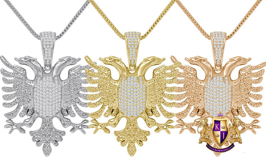 Real Genuine Sterling Silver 28+ Grams Men's 14K Gold Over 2.00 Cwt. Simulated Diamond Albanian Eagle Flying Bird Pendant Charm Chain Set 2"