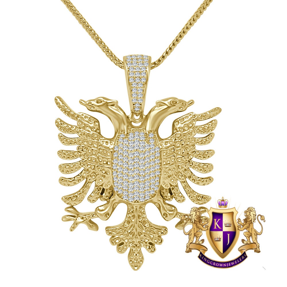 Real Genuine Sterling Silver 28+ Grams Men's 14K Gold Over 2.00 Cwt. Simulated Diamond Albanian Eagle Flying Bird Pendant Charm Chain Set 2"