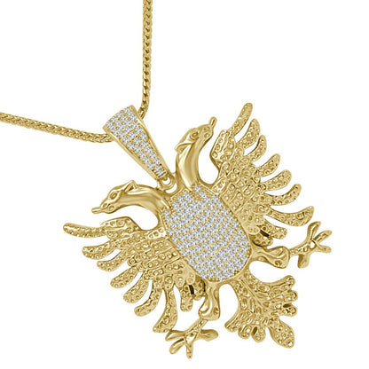 Real Genuine Sterling Silver 28+ Grams Men's 14K Gold Over 2.00 Cwt. Simulated Diamond Albanian Eagle Flying Bird Pendant Charm Chain Set 2"