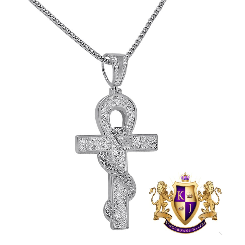 Real Genuine Diamond 21+ Grams Egyptian Ankh Cross King Cobra Snake Evil Power Charm 10K Gold Over Unisex Custom Pendent 2.5''