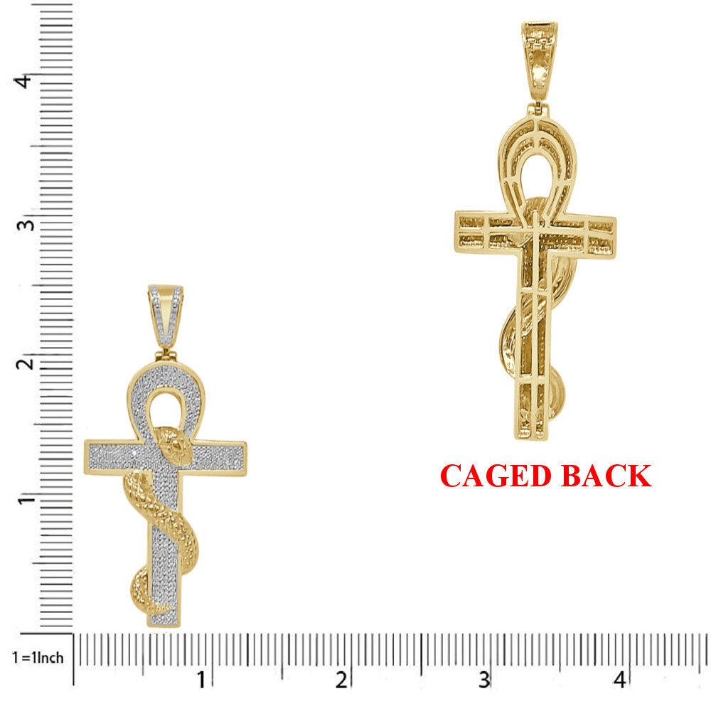 Real Genuine Diamond 21+ Grams Egyptian Ankh Cross King Cobra Snake Evil Power Charm 10K Gold Over Unisex Custom Pendent 2.5''