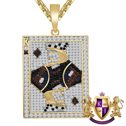 Real Sterling Silver Men's 10K Yellow Gold Over Simulated Diamond King Card Poker Piece Pendant Charm + Free Chain
