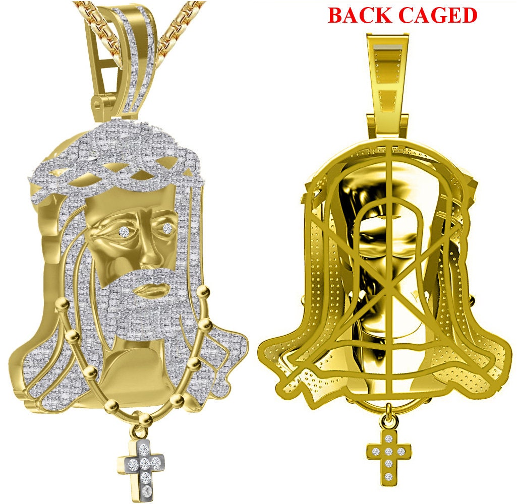 Real Genuine Authentic Diamond 29+ Grams Jesus Christ Face Piece Wearing Neckless Cross 10K Gold Over Exclusive Custom Pendent Charm 2.35"