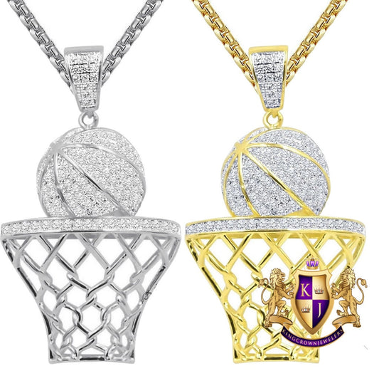 Real Genuine Italian Sterling Silver 14K Gold Over Simulated Diamond Basketball Hoop Sports Unisex Pendant Charm Chain Neckless Set 1.90''