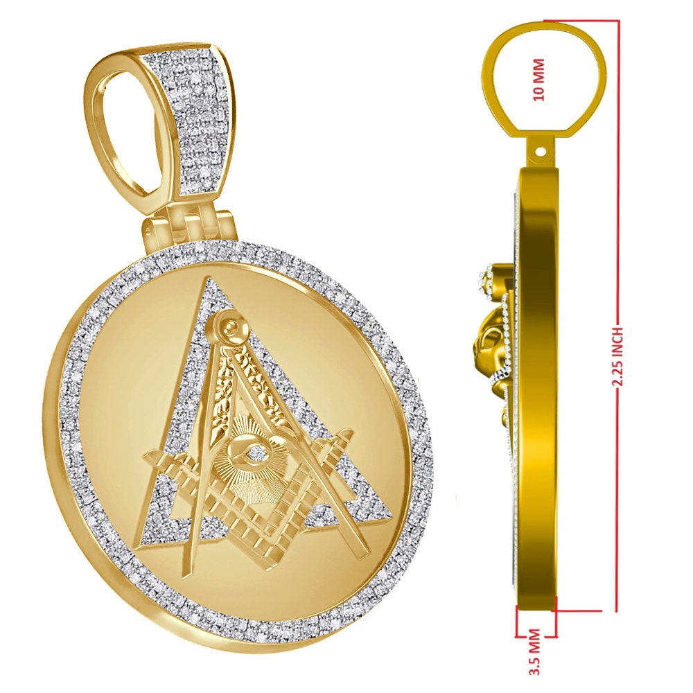 Real Diamond 0.60 Ct. All Seeing Providence Eye Masonic G Compass Freemason Illuminati Medallion 10K Gold Over Charm Pendent 35+ Grams 2.50"