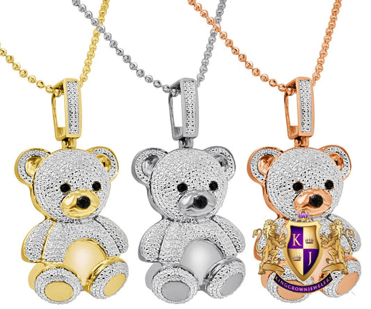 Real Genuine Diamond 15+ Grams Teddy Bear Pendant 10K Gold Over Round Pave Love Ladies Women's Charm Chain Set 2.15''