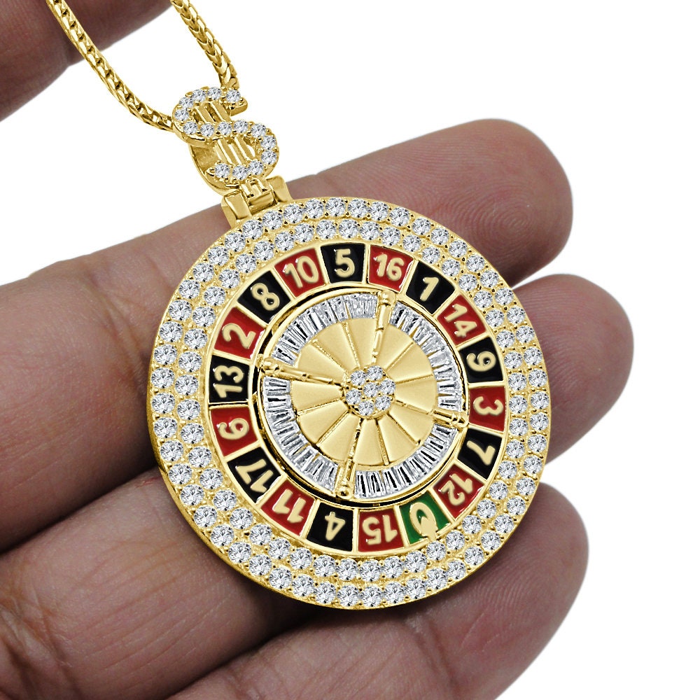 27+ Grams Real Sterling Silver Multi Tone 14K Gold Over Casino Gambling Roulette Wheel Dollar Sign Simulated Diamond Pendant Lucky Charm