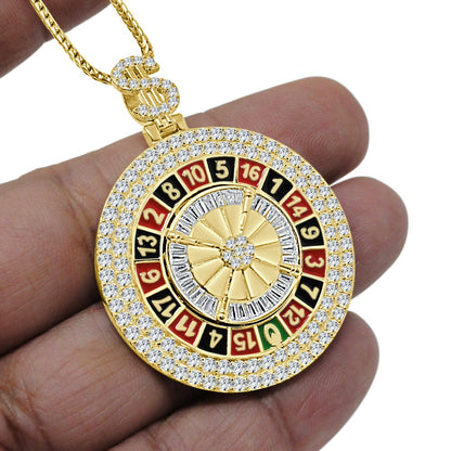 27+ Grams Real Sterling Silver Multi Tone 14K Gold Over Casino Gambling Roulette Wheel Dollar Sign Simulated Diamond Pendant Lucky Charm
