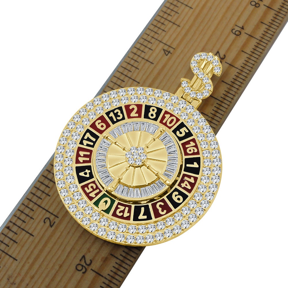 27+ Grams Real Sterling Silver Multi Tone 14K Gold Over Casino Gambling Roulette Wheel Dollar Sign Simulated Diamond Pendant Lucky Charm
